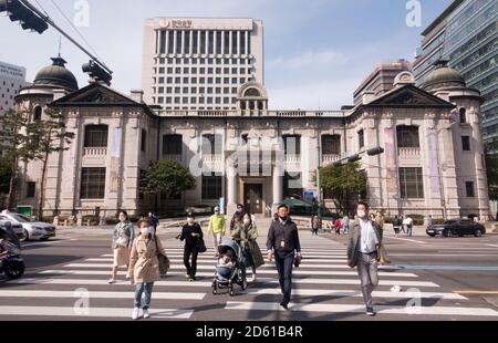 Korea. 14th Oct, 2020. The Bank of Korea, Oct 14, 2020 : The Bank of Korea's currency museum (front) is seen with headquarters (back, top) of the central bank of Korea in Seoul, South Korea. The currency museum was main office building of the Bank of Joseon or the Bank of Chosen, which was the central bank of Colonial Korea (1910-1945) and of South Korea. Korea was colonized by Japan from 1910-45. Credit: Lee Jae-Won/AFLO/Alamy Live News Stock Photo