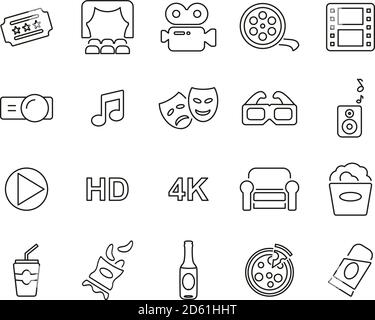 Cinema Or Movie Theater Icons Thin Line Set Big Stock Vector