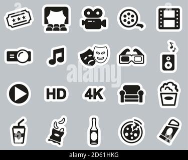 Cinema or Movie Theater Icons Black & White Sticker Set Big Stock Vector