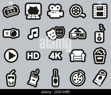 Cinema or Movie Theater Icons White On Black Sticker Set Big Stock Vector