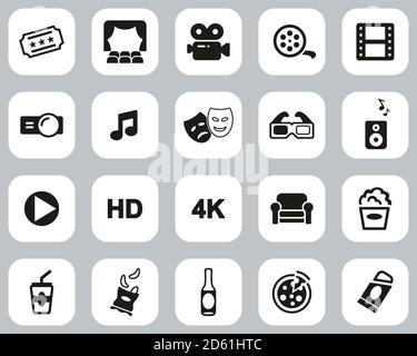 Cinema or Movie Theater Icons Black & White Flat Design Set Big Stock Vector