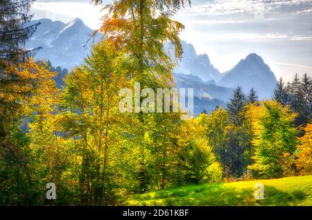 DE - BAVARIA: Alpine scene near Garmisch-Partenkirchen with Alpspitze, Zugspitze and Waxenstein mountains in background.  (HDR-Image) Stock Photo