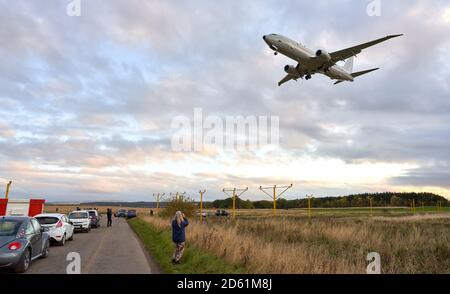 RAF Lossiemouth, Moray, UK. 14th Oct, 2020. UK. This is the Royal Air Force Plance, ZP803, Squadron Leader, Ternce Bulloch arriving at its home base having just flown from America. Credit: JASPERIMAGE/Alamy Live News Stock Photo