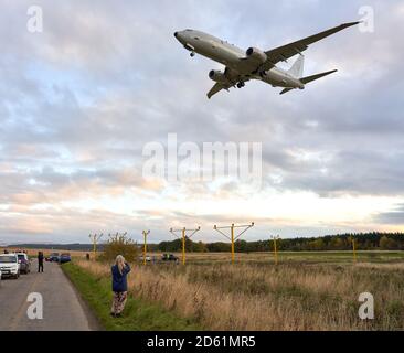 RAF Lossiemouth, Moray, UK. 14th Oct, 2020. UK. This is the Royal Air Force Plance, ZP803, Squadron Leader, Ternce Bulloch arriving at its home base having just flown from America. Credit: JASPERIMAGE/Alamy Live News Stock Photo