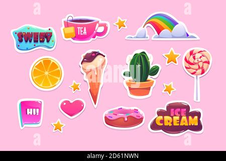 Cute stickers set with rainbow, heart, sweets and stars. Vector cartoon icons of donut, ice cream, orange and quotes. Patches with fun symbols, cactus, tea and lollipop isolated on pink background Stock Vector