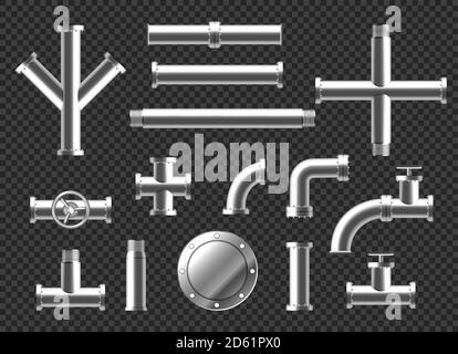 Pipes and tubes plumbing fittings realistic 3d vector set. Metal or plastic pipeline with valves, thread and faucets. Stainless steel metallic ramified connections isolated on transparent background Stock Vector