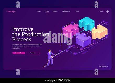 Teamwork concept with puzzle pieces and leverage. Improve production process banner. Vector landing page with isometric illustration of businessman connects jigsaw blocks together Stock Vector