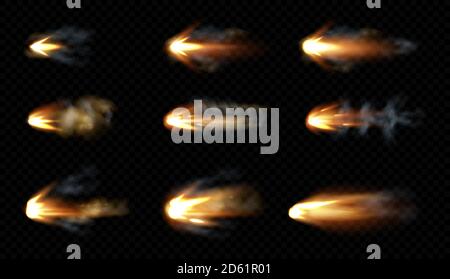 Gun flashes with smoke and fire sparkles. Pistol shots clouds, muzzle shotgun explosion. Blast motion, weapon bullets trails isolated on black background. Realistic 3d vector illustration, icons set Stock Vector