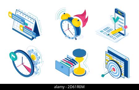 Task and time management icons with clock, calendar, checklist and smartphone isolated on white background. Vector isometric symbols of planning productivity work and project organization Stock Vector