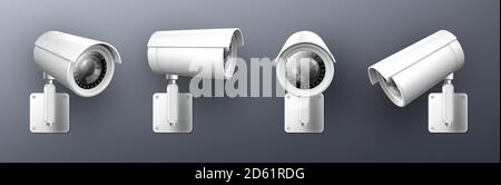 Security cam, cctv video camera, street observe surveillance equipment front and side angle view. Secure guard eye and crime prevention isolated on grey background Realistic 3d vector illustration set Stock Vector
