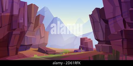 Mountain landscape with canyon, red dry ground and green grass on old riverbed. Vector cartoon illustration of nature park with gorge, stone cliffs and rocks. Grand canyon national park Stock Vector