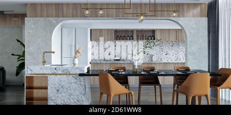 Kitchen and dinning room interior design. Modern and bright. Contemporary materials. Suiatable for magazines, inspiration, concepts. 3d rendering Stock Photo