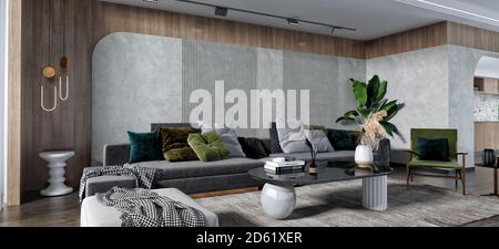 Modern interior style with grey sofa, pillows in earth colors, concrete and wood wall, side view 3d rendering Stock Photo