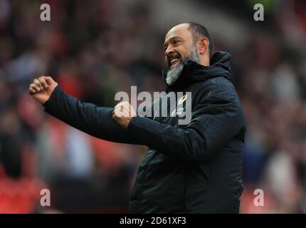 Wolverhampton Wanderers' manager Nuno EspÃrito Santo celebrates at the end of the game Stock Photo