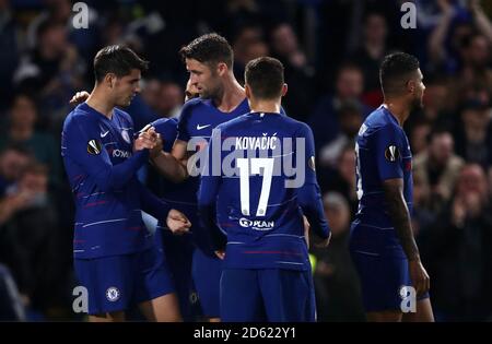 Chelsea's Alvaro Morata (left) celebrates scoring his side's first goal of the game with Gary Cahill (second left) and Mateo Kovacic (centre) Stock Photo