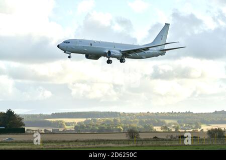 RAF Lossiemouth, Moray, UK. 14th Oct, 2020. UK. This is the Royal Air Force Plane, ZP801, Pride of Moray arriving at its home base. Credit: JASPERIMAGE/Alamy Live News Stock Photo