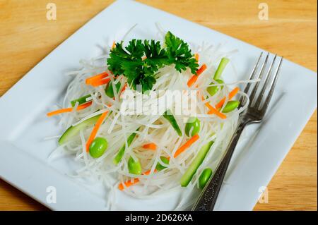 Rice Noodle Salad on White Plate Stock Photo