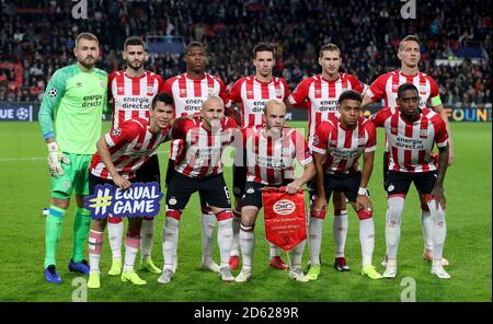 PSV Eindhoven's Jeroen Zoet (back left to right), Gaston Pereiro, Denzel Dumfries, Nick Viergever, Daniel Schwaab, Luuk de Jong, Hirving Lozano (front left to right),  Angelino, Jorrit Hendrix, Donyell Malen and Pablo Rosario (right) pose for a photograph before kick-off Stock Photo