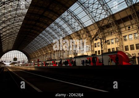 A train waits passengers in the Kiyevsky railway terminal also known as Moscow Kiyevskaya railway station in the central Moscow, Russia. Stock Photo