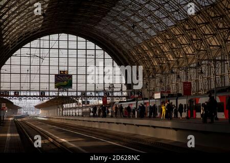 A train waits passengers in the Kiyevsky railway terminal also known as Moscow Kiyevskaya railway station in the central Moscow, Russia. Stock Photo