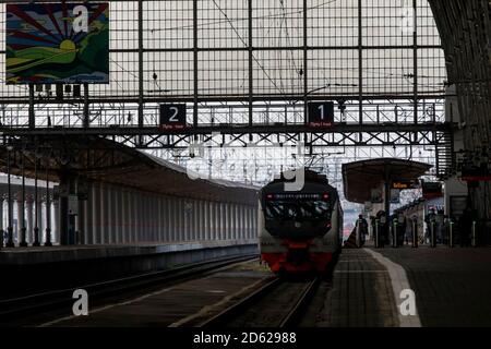 A train waits passengers in the Kiyevsky railway terminal also known as Moscow Kiyevskaya railway station in the central Moscow, Russia. Stock Photo