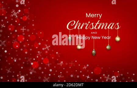 Merry Christmas and New Year design with gold ornaments, red colors and snow effects Stock Vector