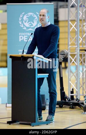 The Duke of Cambridge speaking at the graduation ceremony of 30 Young Peace Leaders from Football for PeaceÕs UK City for Peace programme at the Copper Box Arena in Queen Elizabeth Olympic Park, London. PRESS ASSOCIATION Photo. Picture date: Thursday November 22, 2018. See PA story ROYAL Cambridge. Photo credit should read: Eamonn M. McCormack/PA Wire Stock Photo