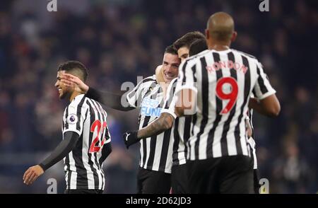 Newcastle United's Ciaran Clark (centre) celebrates scoring his side's second goal of the game with team mates  Stock Photo