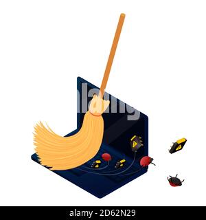 Computer debugging concept. Broom cleaning laptop from bugs and viruses. Isometric vector illustration data protection, information security. Stock Vector