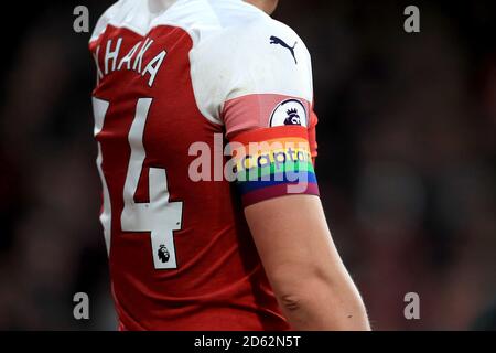 Arsenal's Granit Xhaka wears a rainbow captain's arm band  Stock Photo