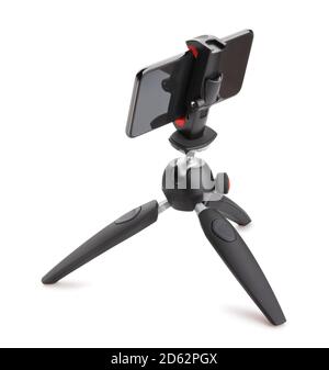 smartphone on tripod stand path isolated on white Stock Photo
