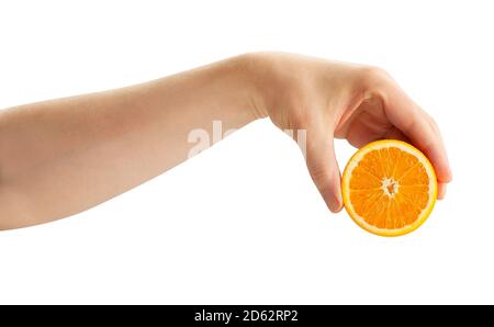 hand squeezing sliced orange fruit path isolated on white Stock Photo