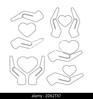Heart in hands linear black color vector icon set isolated on white background. Stock Vector