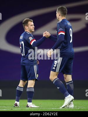 Scotland's Ryan Fraser (left) celebrates scoring his side's first goal of the game with team-mate Lyndon Dykes during the UEFA Nations League Group 2, League B match at Hampden Park, Glasgow. Stock Photo