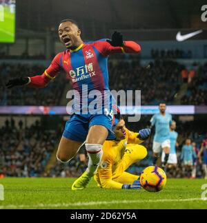 Crystal Palace's Jordan Ayew goes down in the penalty box Stock Photo