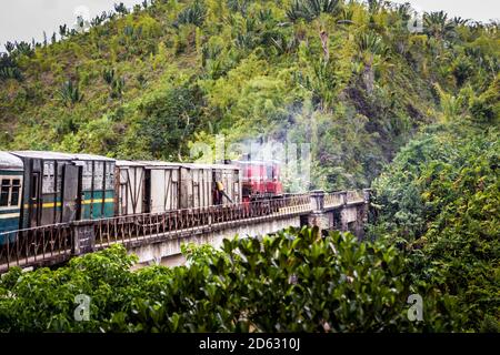 An Old train in Madagascar going through the jungle from Fianarantsoa to Manakara, A man gets to touch the bridge with his leg while train is running. Stock Photo