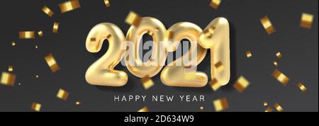 Inscription 2021 Happy new year background in realistic style on black background. Gold realistic serpentine. Vector Stock Vector