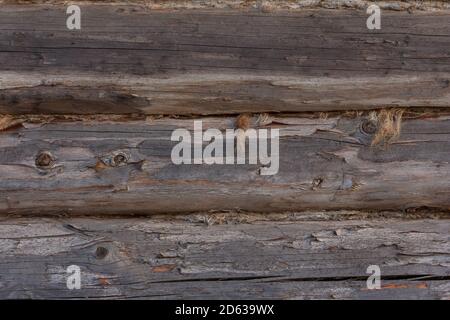 Wooden wall from old logs. Rough texture of wood. log wall background Horizontal Timber Background. Stock Photo