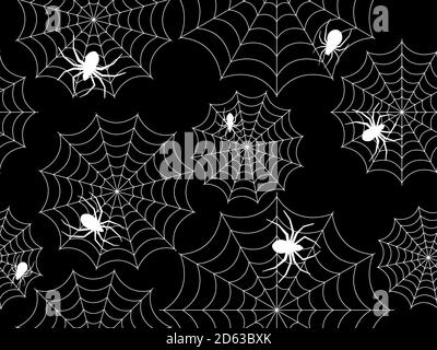 Spiders and cobweb seamless patren, white outlines on a black background. Halloween background with scary spiders, design for printing on flyers, invi Stock Vector