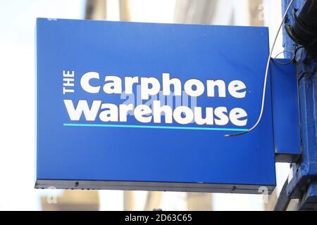 A view of a sign for a Carphone Warehouse mobile phone retailer in London. Stock Photo