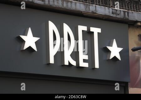 A view of a sign for Pret A Manger in London. Stock Photo