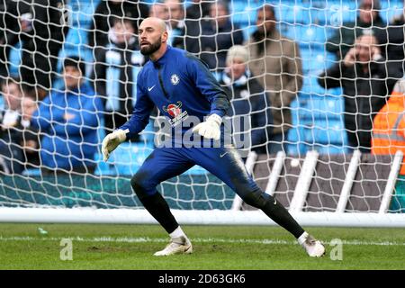 Chelsea goalkeeper Willy Caballero during the pre-match warm up prior to the beginning of the match Stock Photo