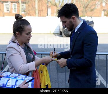 Birmingham City's Maxime Colin signs autographs for fans before the Sky Bet Championship game between Birmingham City and Blackburn Rovers. Stock Photo