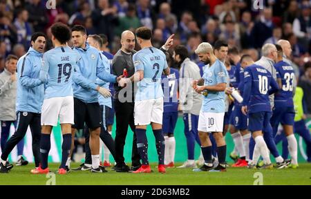 Manchester City manager Pep Guardiola speaks with Manchester City's Kyle Walker during extra time Stock Photo
