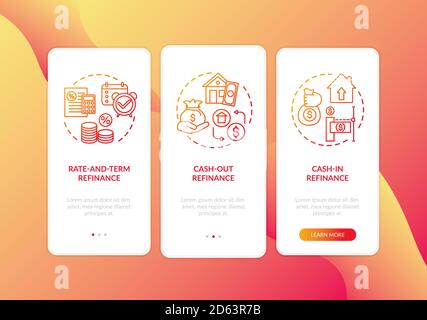 Mortgage refinance types onboarding mobile app page screen with concepts Stock Vector