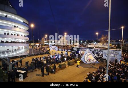 A general view of the Manchester City team bus arriving Stock Photo