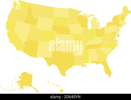 Blank map of United States of America, aka USA, divided into states in four shades of yellow. Simple flat vector illustration on white background. Stock Vector