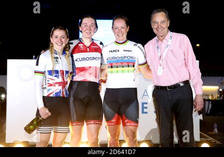 Katie Archibald (second left) celebrates winning the Six Day Series with Laura Kenny (left) and Kirsten Wild during Day Three of the Six Day Series Manchester at the HSBC UK National Cycling Centre. Stock Photo