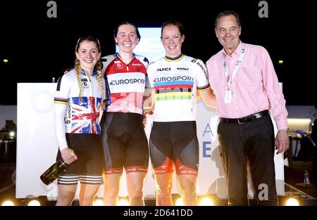 Katie Archibald (second left) celebrates winning the Six Day Series with Laura Kenny (left) and Kirsten Wild during Day Three of the Six Day Series Manchester at the HSBC UK National Cycling Centre. Stock Photo