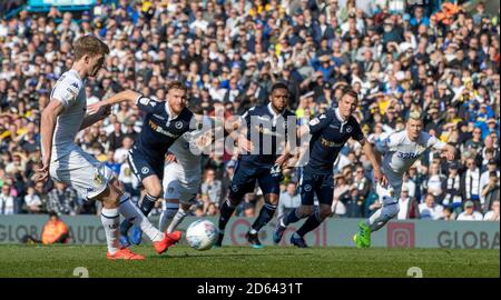 Leeds United's Patrick Bamford (left) shoots from the penalty spot and misses Stock Photo